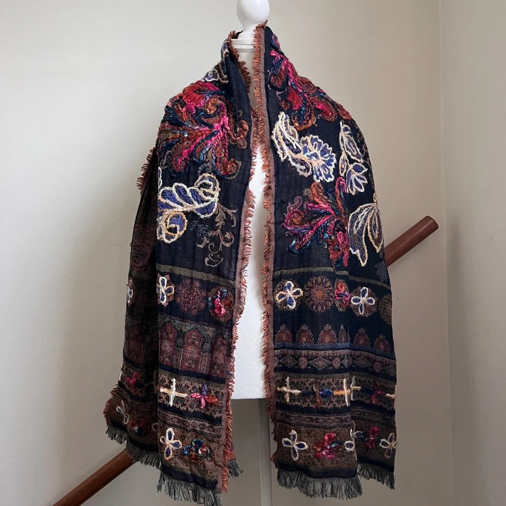 Vintage Boho Floral Tapestry Scarf Shawl Dark Artsy Forest Folk Chunky Wrap